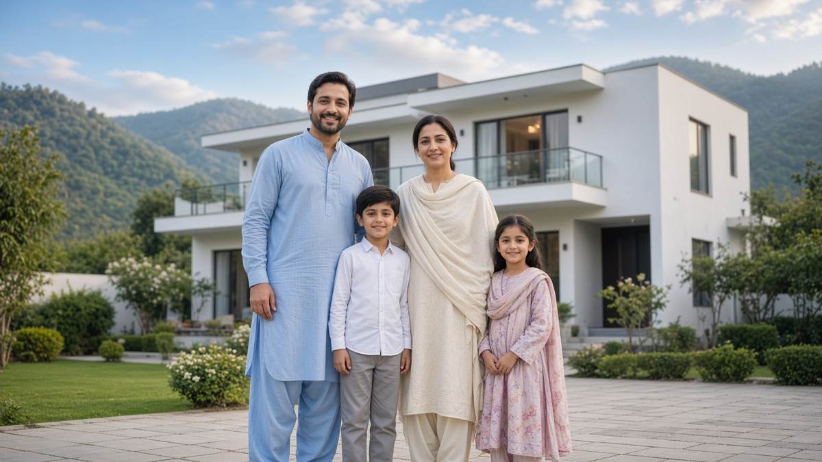 A family standing outside their home in Islamabad, with the Margalla Hills behind them